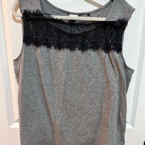CAbi Gray Tank Top with Black Lace Accent